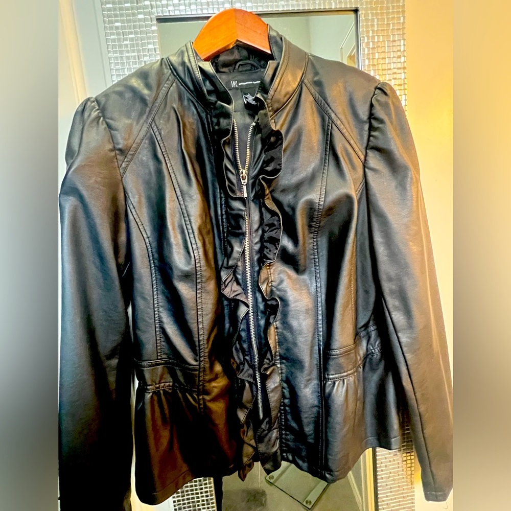 Inc Faux leather ruffled black jacket size large.
